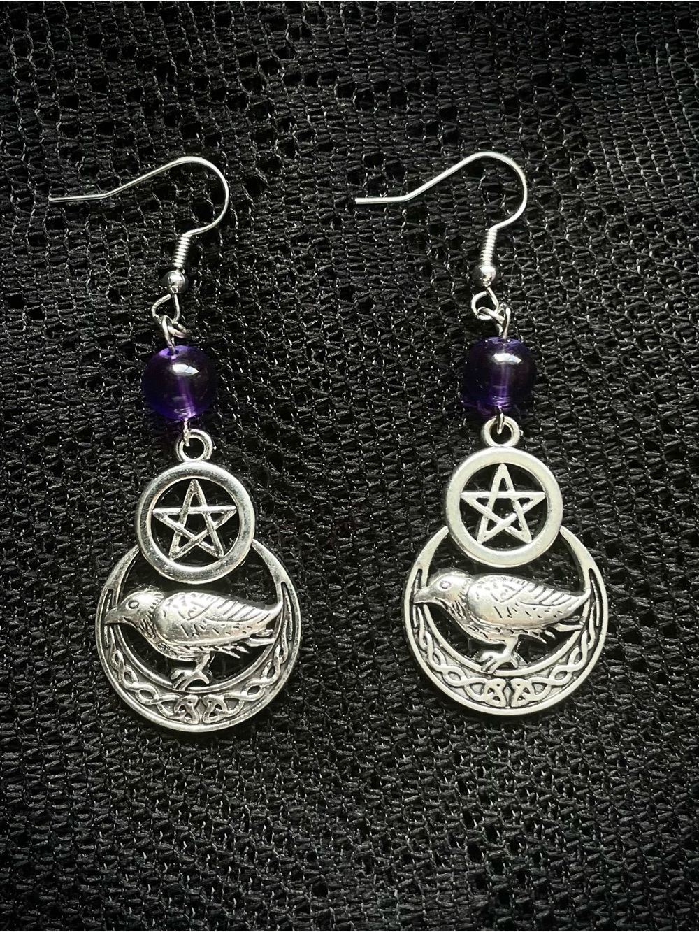 Wiccan Raven Pentacle Drop Earrings